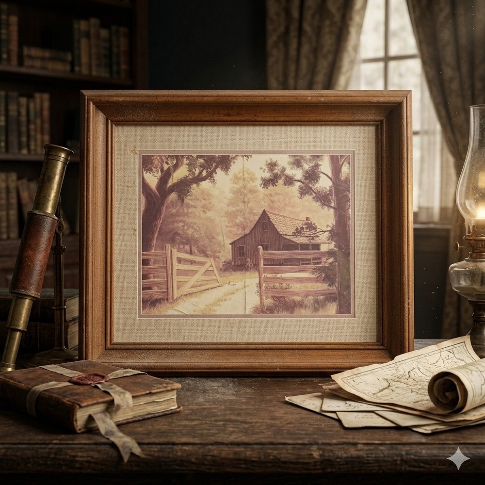 Vintage Rustic Cabin Landscape Art Print Framed Wood Country Farmhouse Decor